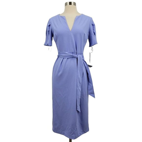 Donna Morgan Puff Sleeve Tie Waist Midi Sheath Dress Easter Egg Blue Size 2 NWT - Picture 2 of 12